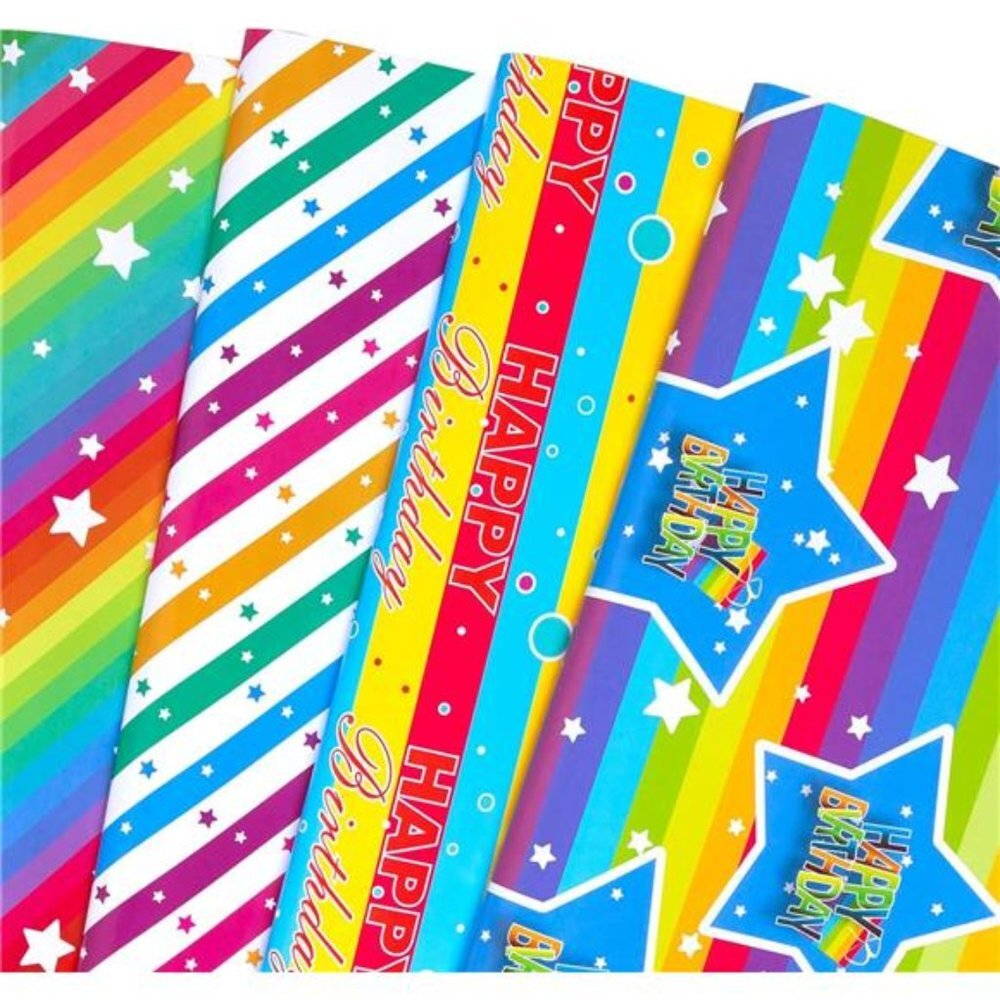 Rainbow Wrapping Paper Folded for Kids, Happy Birthday, 12 Sheets Each 20"x29"